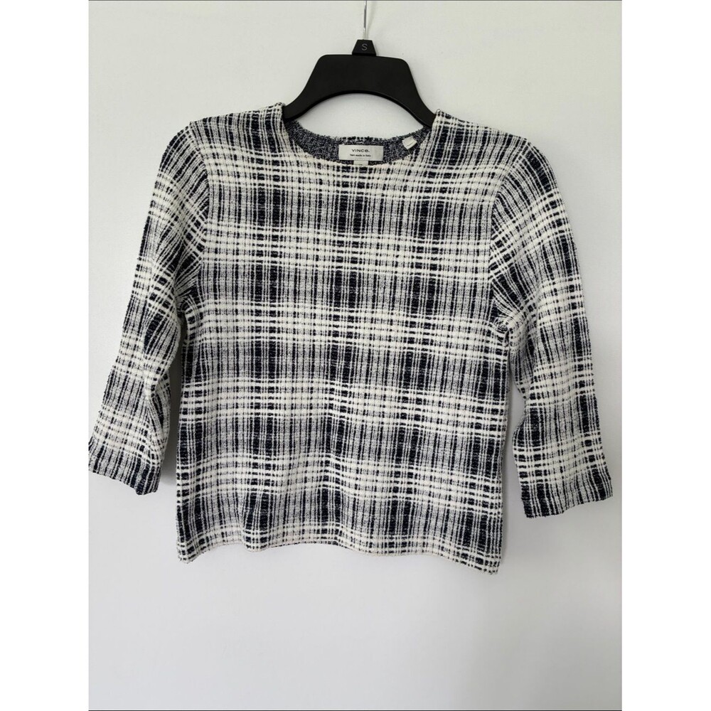 Vince Boucle Plaid Elbow-Sleeve Top
